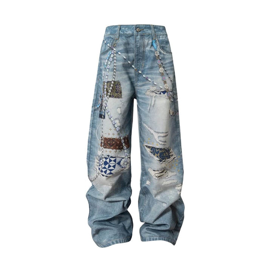 YADcrew x MEDM 3D Cloth Patch Chain Distressed Digital Print Jeans | Face 3 Face