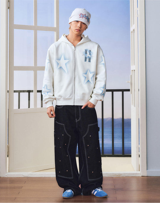 MEDM Spray Star Print Rhinestone Logo Zip Up Hoodie | Face 3 Face
