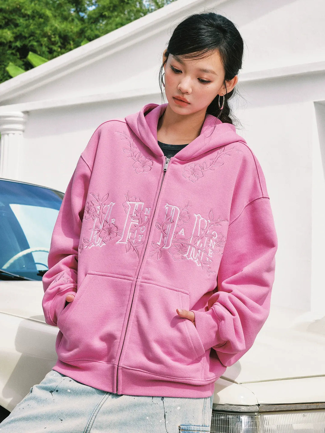 MEDM Flower Embroidered Zip Up Hoodie | Face 3 Face