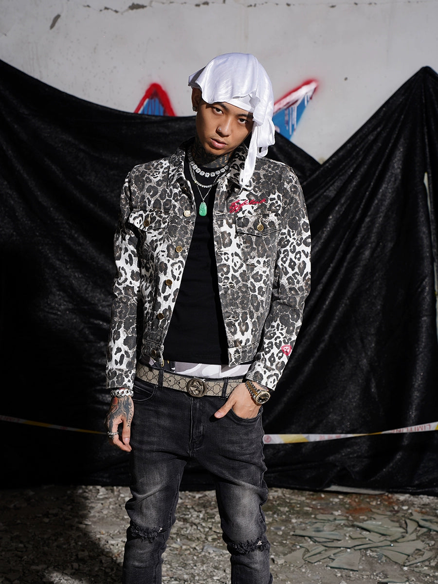TGFCLUB 223 Leopard Full Print Slim Denim Jacket | Face 3 Face