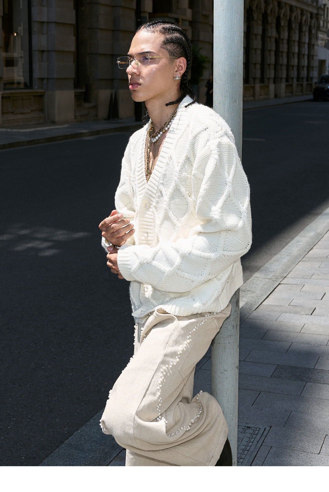 STEEPC Wool Blend Diamond Cable Knit Pearl Cardigan | Face 3 Face