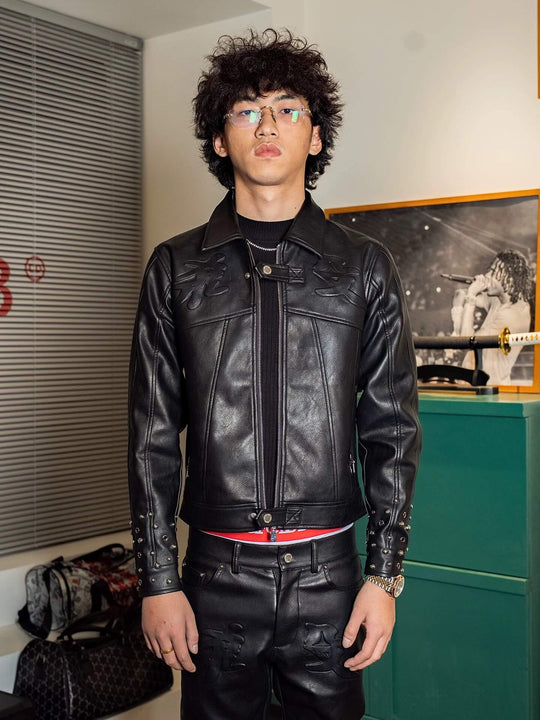 TGFCLUB Embossed Studded Slim Fit PU Leather Biker Jacket | Face 3 Face