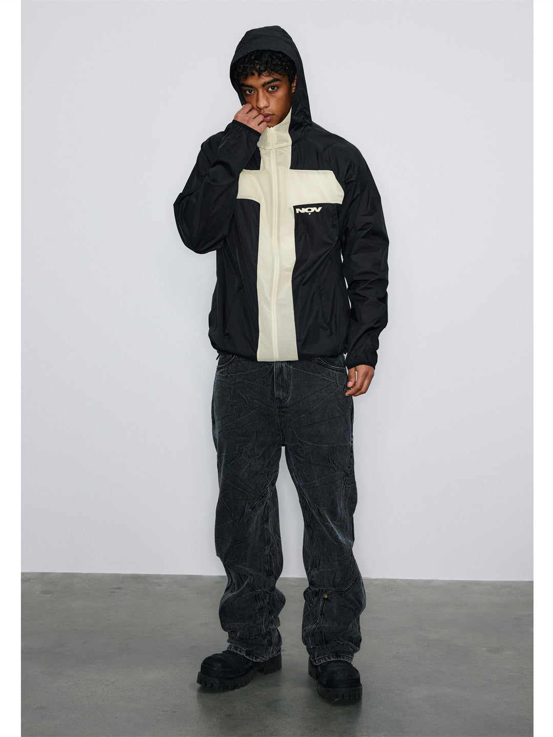 NOVACAM Wrinkled Nylon Mesh-Paneled Hooded Track Jacket | Face 3 Face