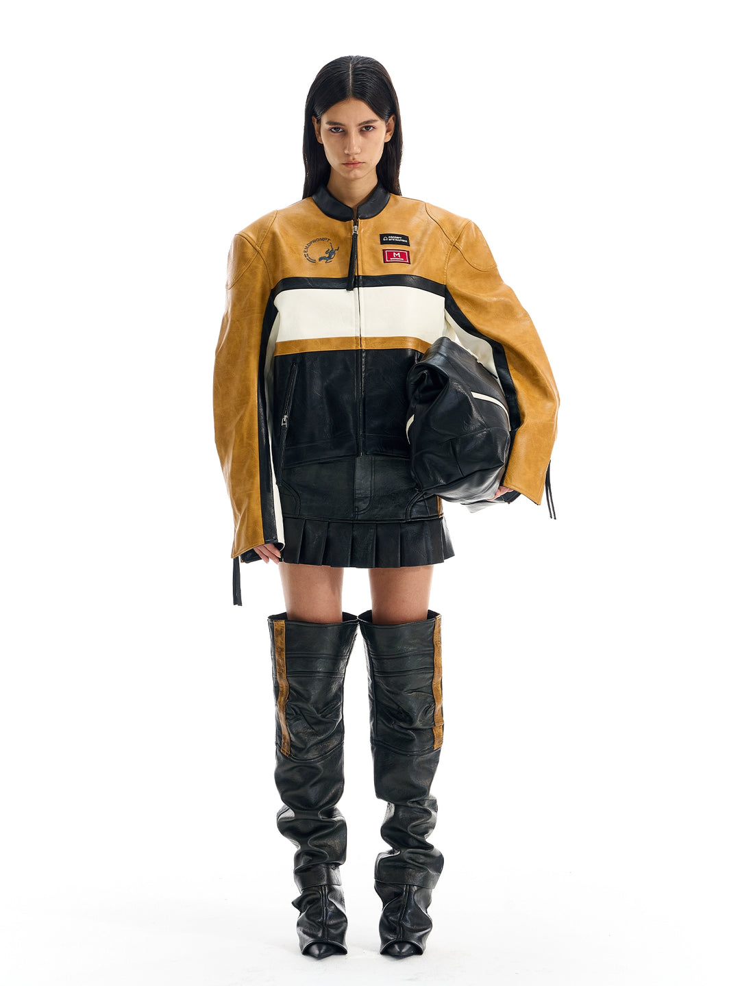 BLIND NO PLAN Color Block Short Racing Leather Jacket | Face 3 Face