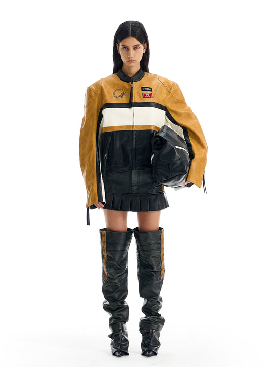 BLIND NO PLAN Color Block Short Racing Leather Jacket | Face 3 Face