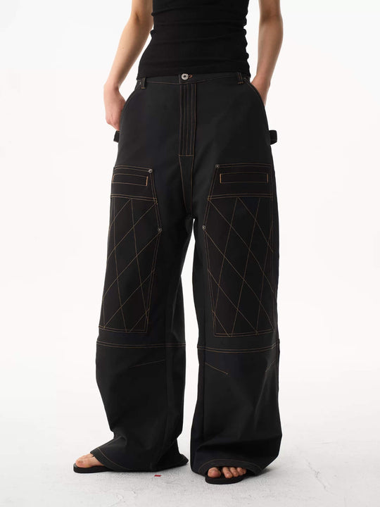 EXITMODE BY BLIND NO PLAN Contrast Quilted Stitch Double Knee Baggy Pants | Face 3 Face