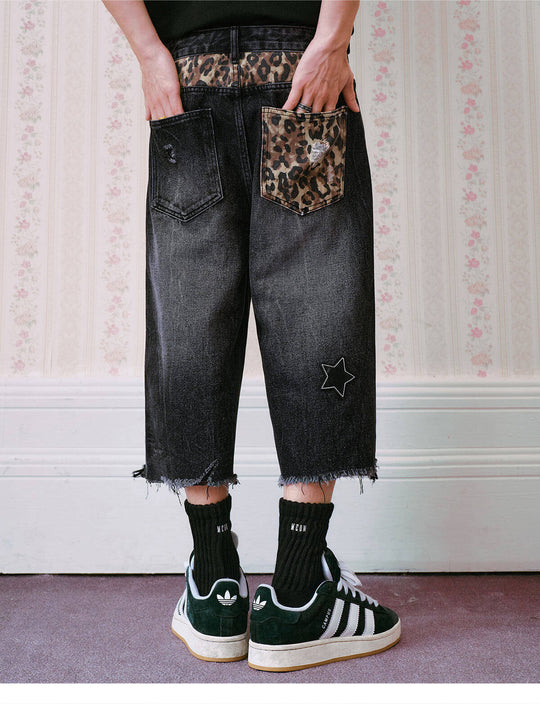 MEDM Leopard Print Star Patch Cutoff Denim Shorts | Face 3 Face