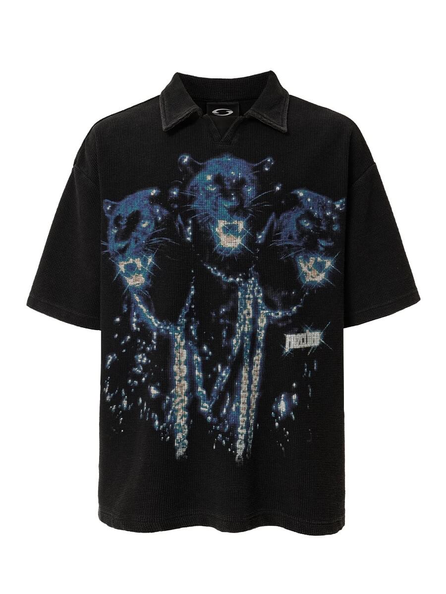 F2CE Washed Distressed Waffle Vintage Print Short Sleeve Polo Shirt | Face 3 Face