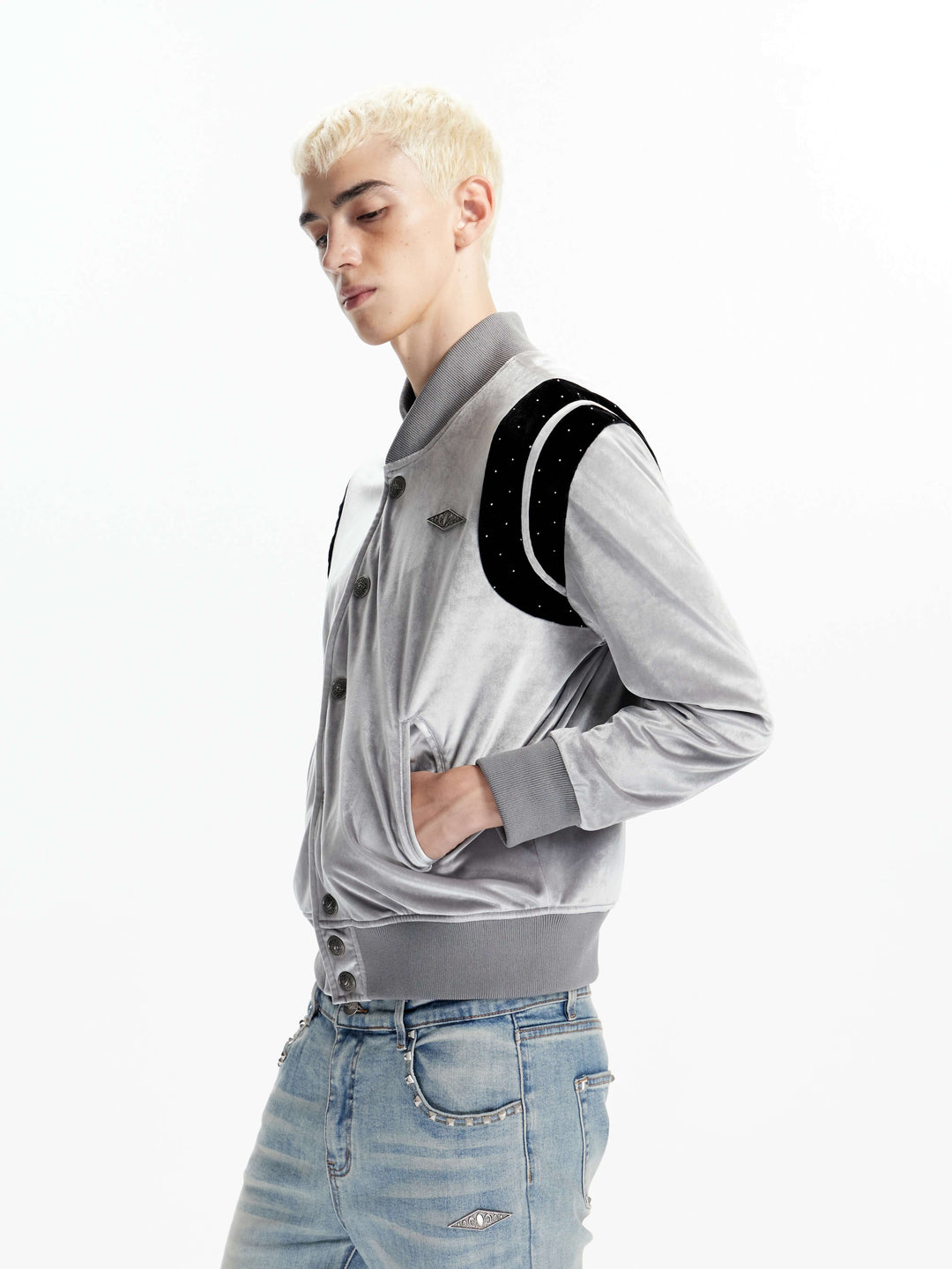 KARMANISTIC Metal Logo Badge Velvet Varsity Jacket | Face 3 Face