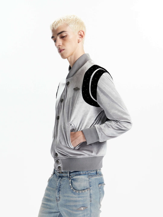 KARMANISTIC Metal Logo Badge Velvet Varsity Jacket | Face 3 Face
