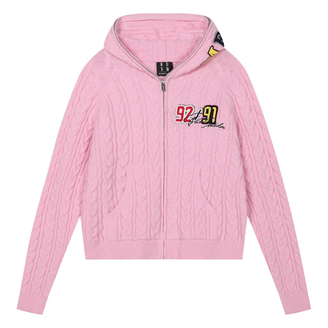 MEDM Patch Applique Zip Up Knit Hoodie | Face 3 Face