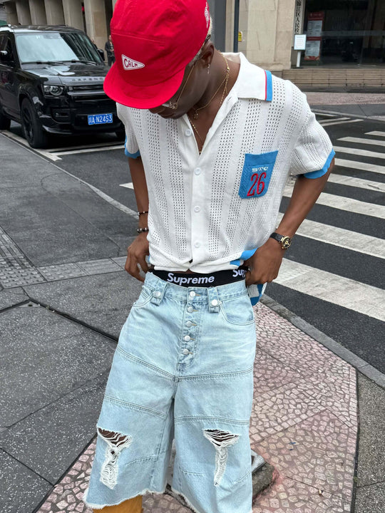 STEEPC Washed Distressed Button Fly Cutoff Baggy Denim Shorts | Face 3 Face