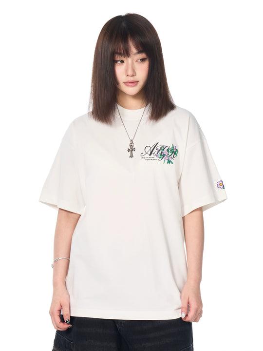 AFGK Flower Embroidered Logo Print Tee | Face 3 Face