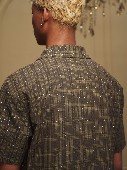 YADcrew Galaxy Rhinestone Plaid Short Sleeve Shirt | Face 3 Face