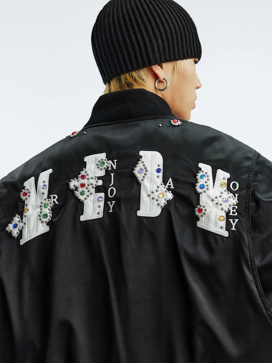 MEDM Gemstone Studded Leather Patch MA-1 Bomber Jacket | Face 3 Face