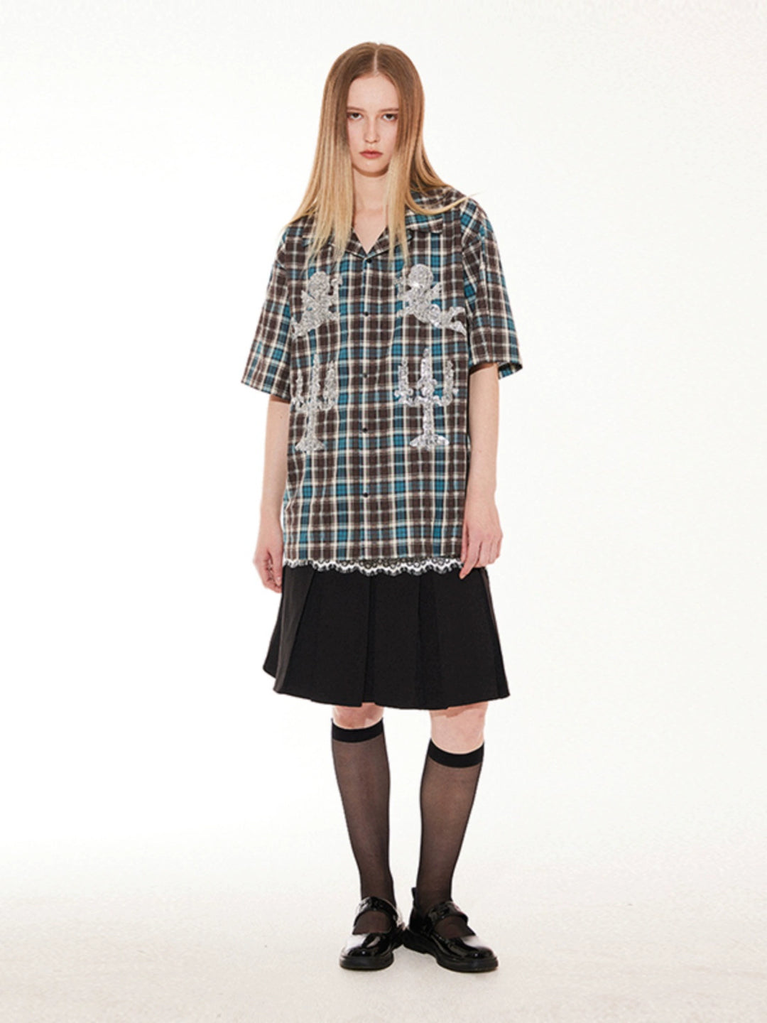 EMPTY REFERENCE Angel and Candlestick Sequin Plaid Short Sleeve Shirt | Face 3 Face
