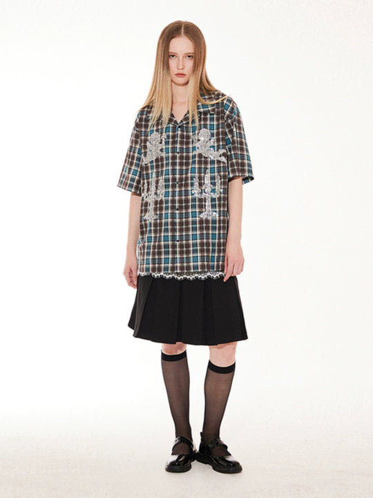 EMPTY REFERENCE Angel and Candlestick Sequin Plaid Short Sleeve Shirt | Face 3 Face
