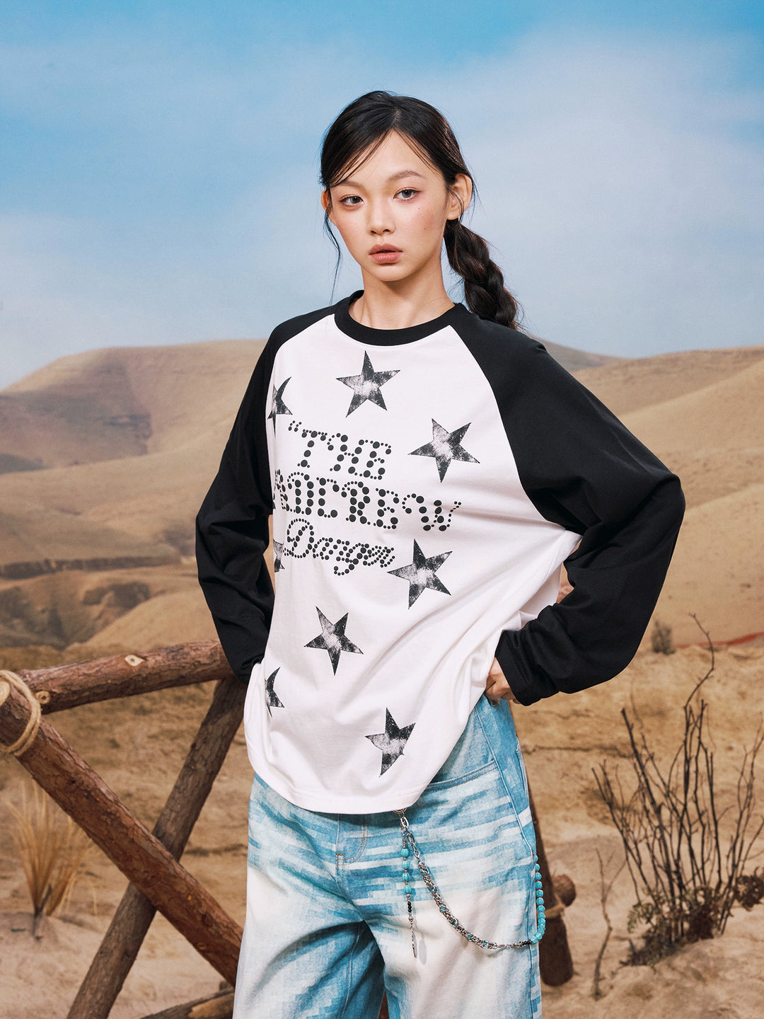 YADcrew Star Logo Print Raglan Long Sleeve Tee | Face 3 Face