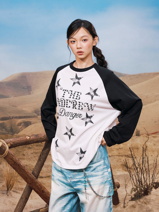 YADcrew Star Logo Print Raglan Long Sleeve Tee | Face 3 Face