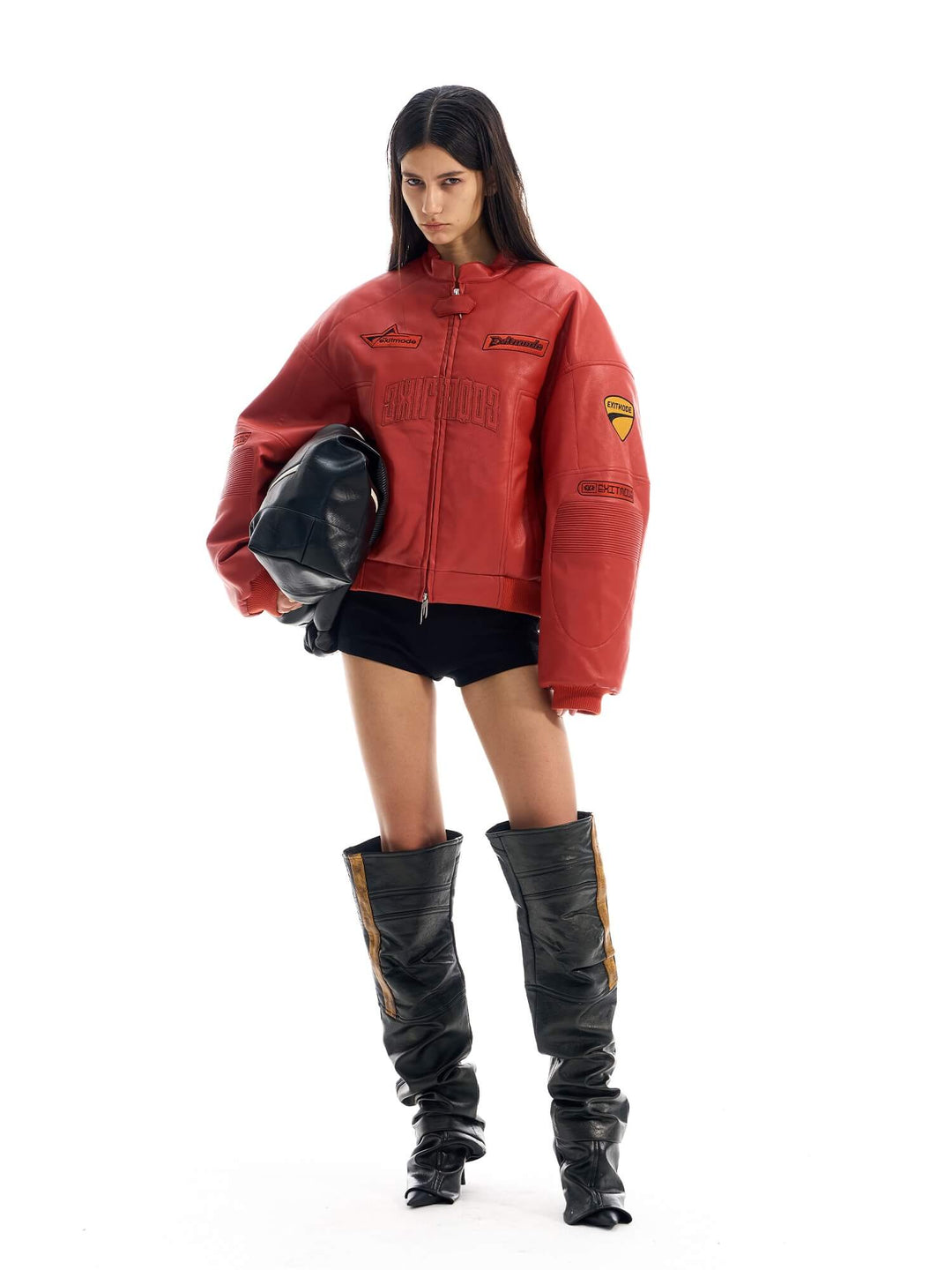 EXITMODE BY BLIND NO PLAN Embroidered Patch PU Leather Short Racing Jacket | Face 3 Face