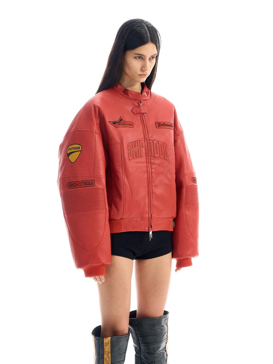 EXITMODE BY BLIND NO PLAN Embroidered Patch PU Leather Short Racing Jacket | Face 3 Face