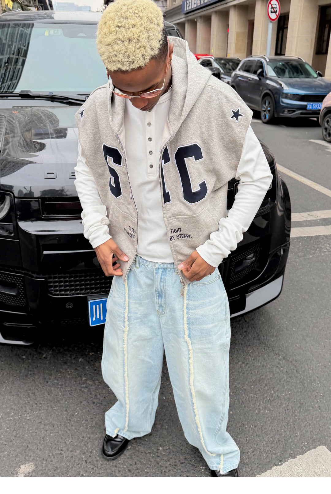 STEEPC Ice Blue Washed Frayed Center Seam Baggy Jeans | Face 3 Face