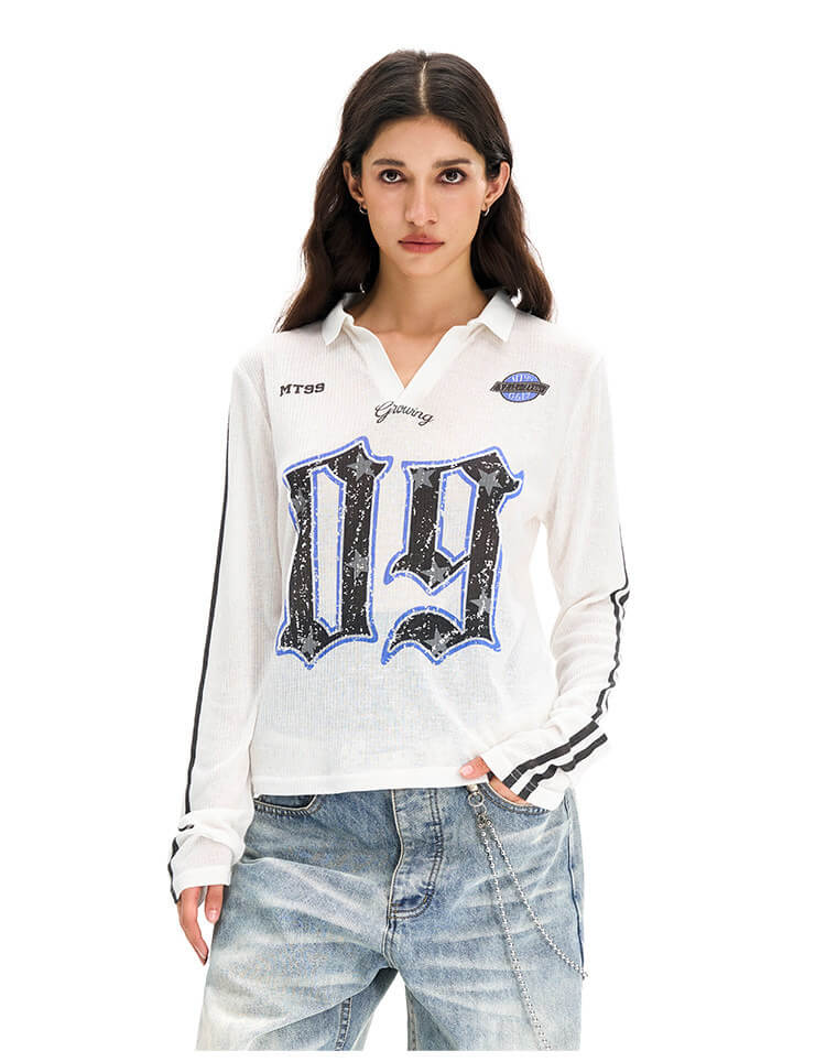 F3F Select Numbering Stripe Sleeve Mesh Long Sleeve Polo Jersey | Face 3 Face