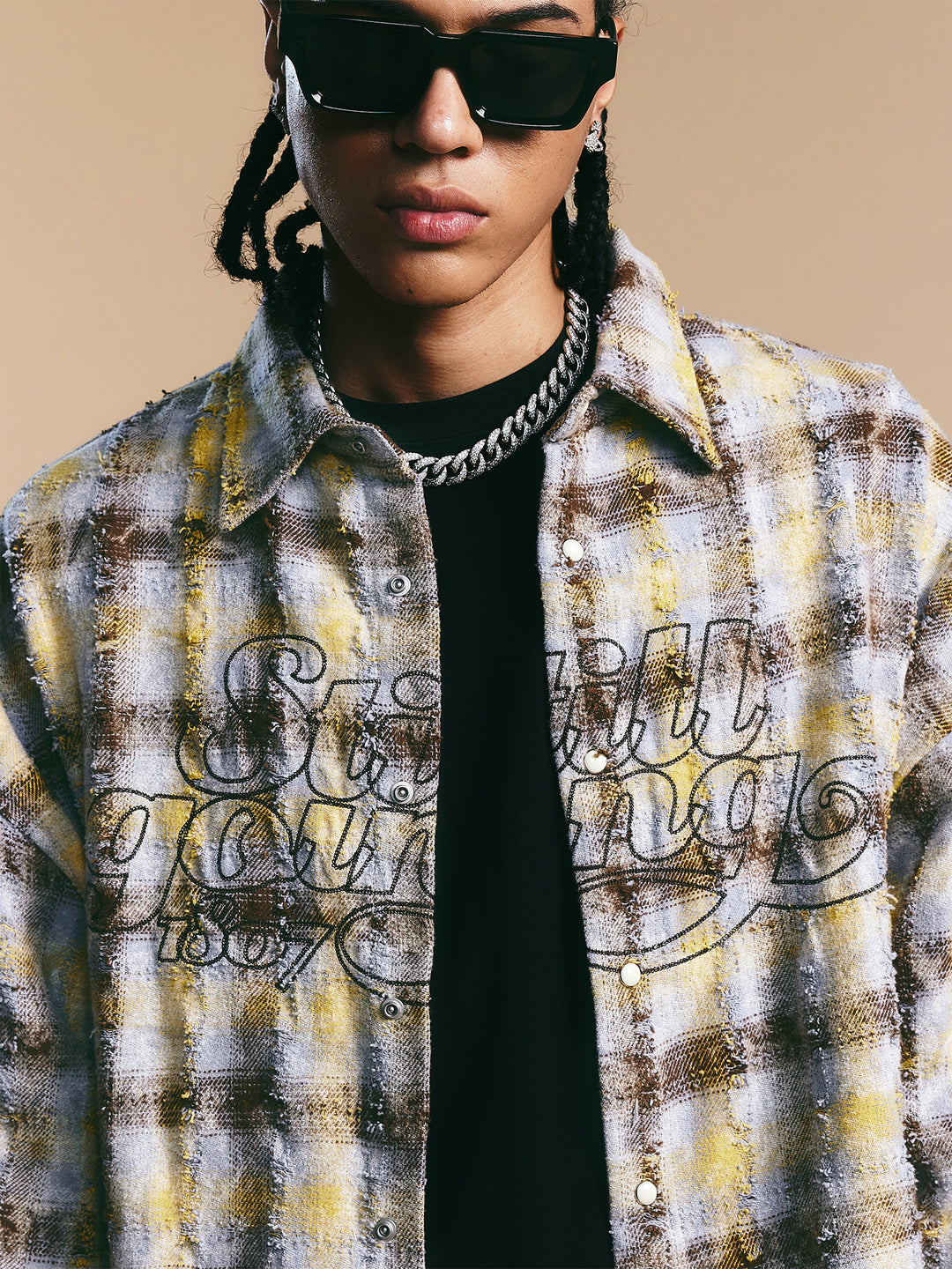 1807 Chain Embroidery Plaid Long Sleeve Shirt | Face 3 Face