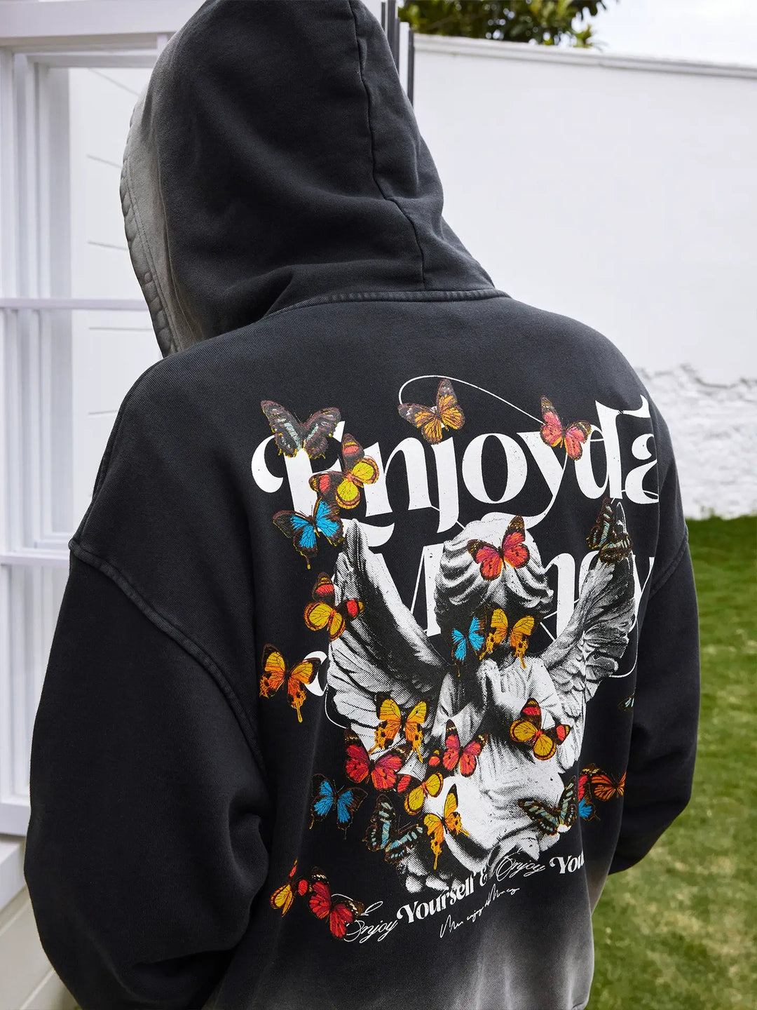 MEDM Washed Angel Butterfly Print Zip Up Hoodie | Face 3 Face