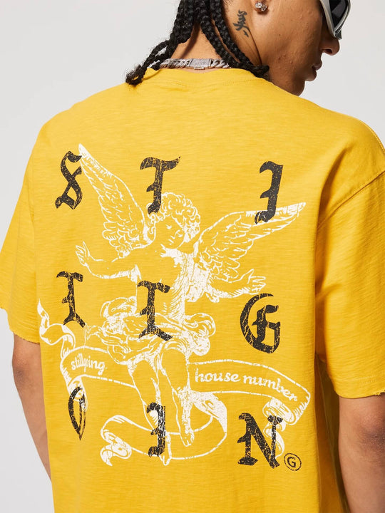 1807 Gothic Letter Angel Vintage Print Heavily Distressed Short Sleeve Tee | Face 3 Face