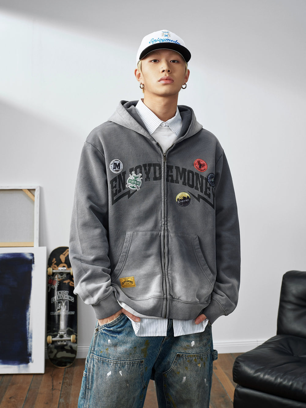 MEDM Gradient Washed Logo Print Embroidered Patch Zip-Up Hoodie | Face 3 Face