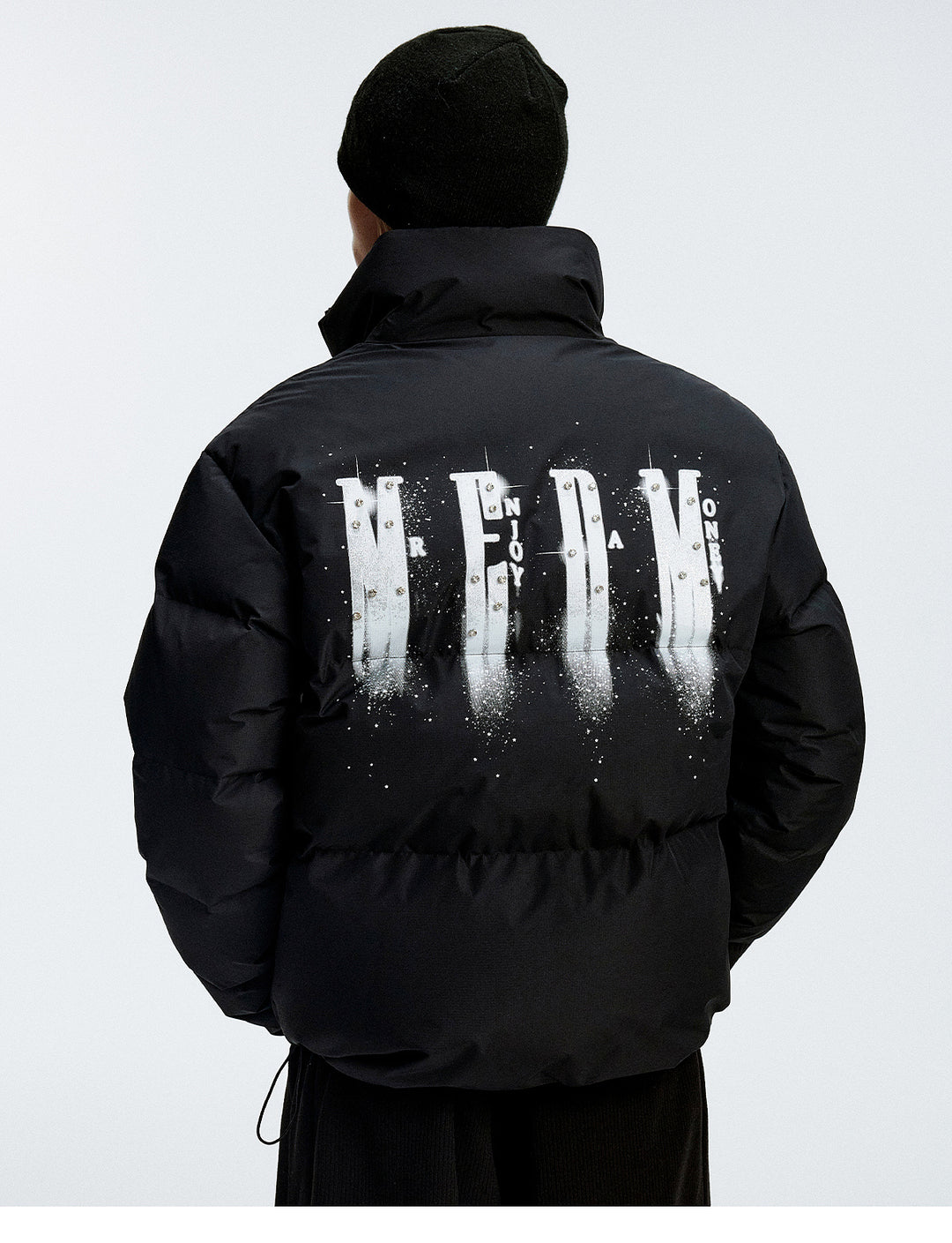 MEDM Rhinestone Studded Logo Down Jacket | Face 3 Face