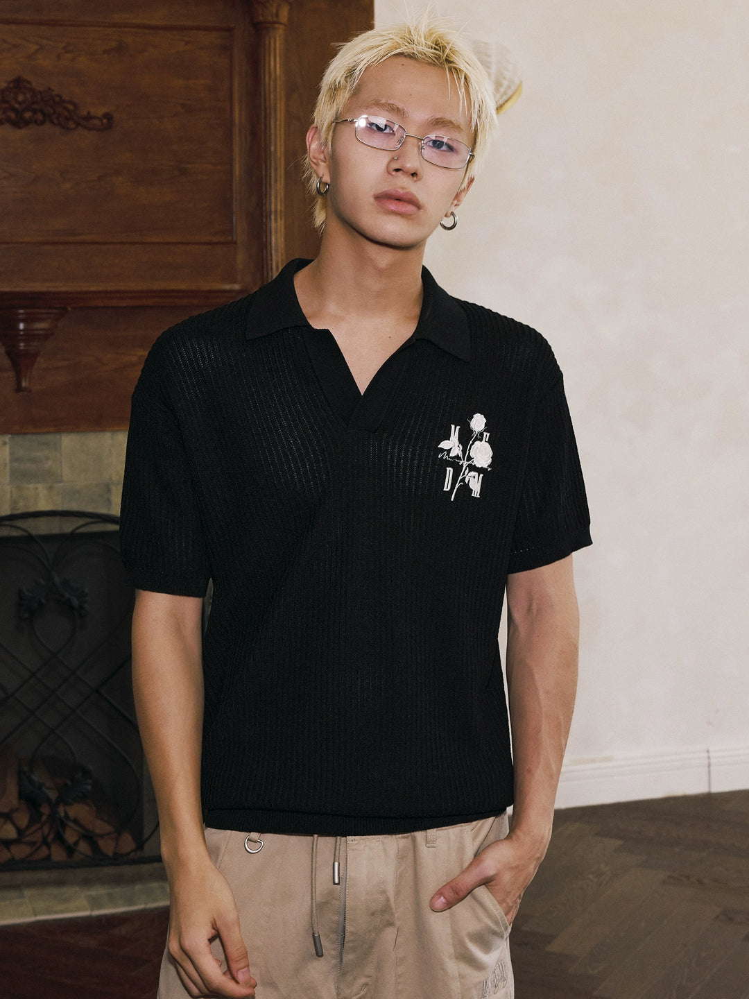 MEDM Rose Embroidered Textured Stripe Knit Polo | Face 3 Face