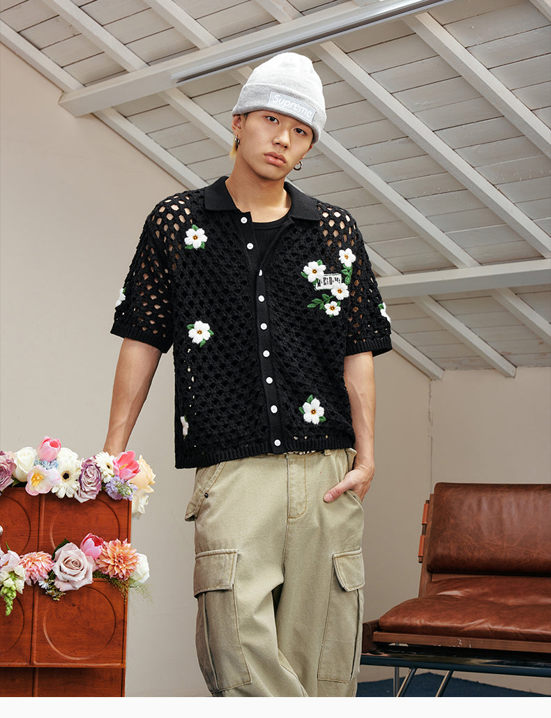 MEDM Flower Embroidery Open Knit Short Sleeve Shirt | Face 3 Face
