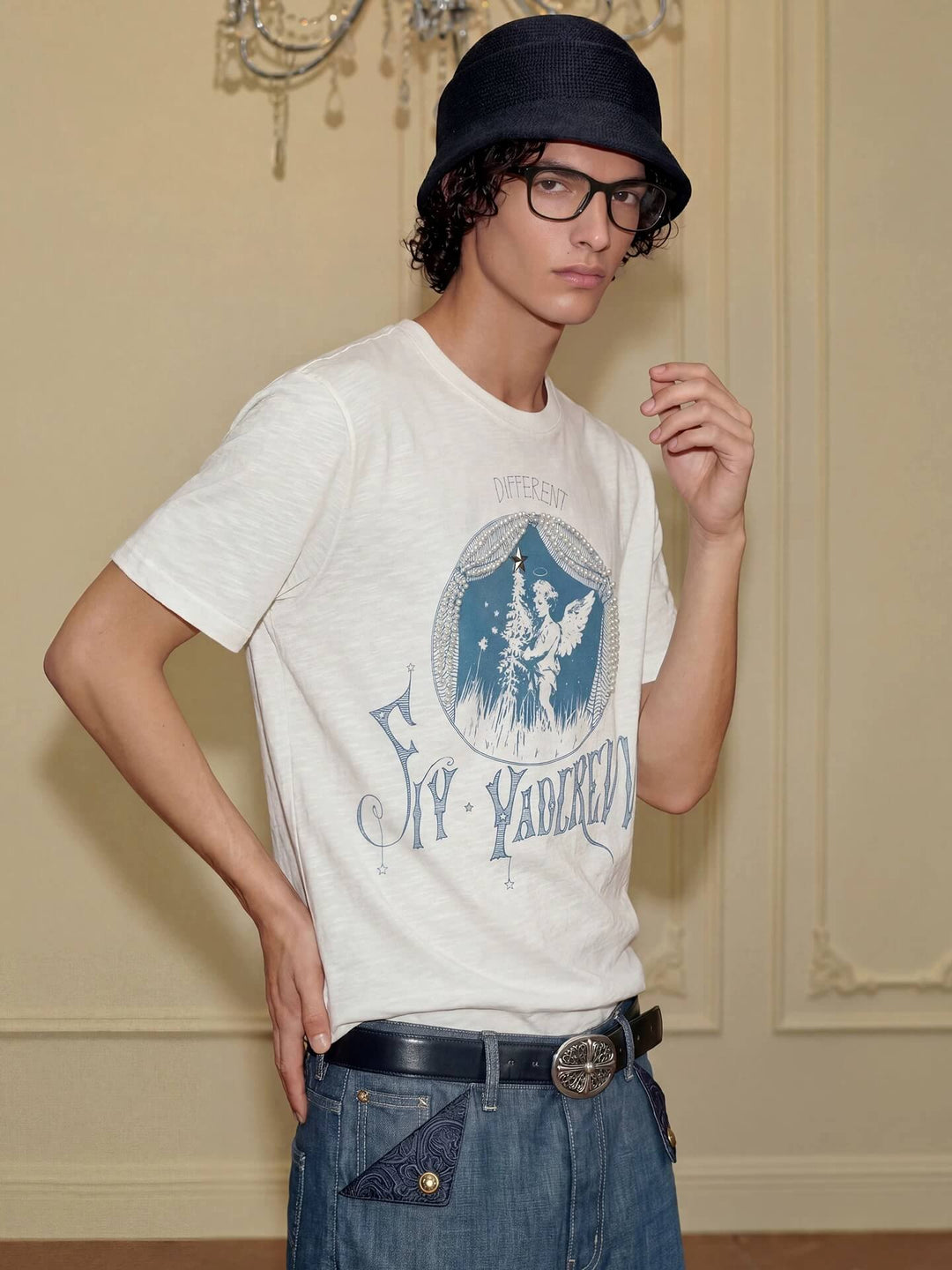 YADcrew Angel Print Star Studded Pearl Embellished Tee | Face 3 Face