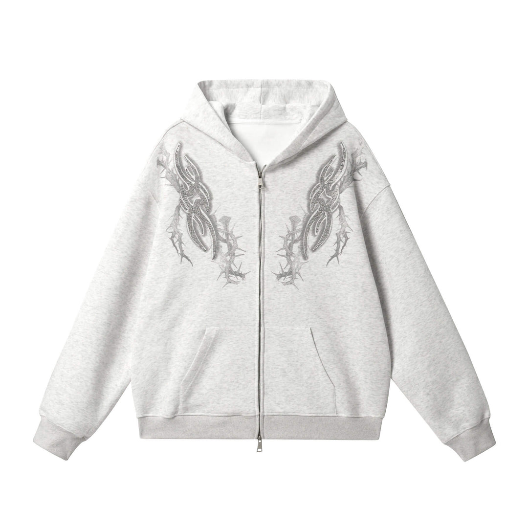 JHYQ Rhinestone Thorn Print Double Zipper Hoodie | Face 3 Face