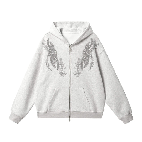 JHYQ Rhinestone Thorn Print Double Zipper Hoodie | Face 3 Face