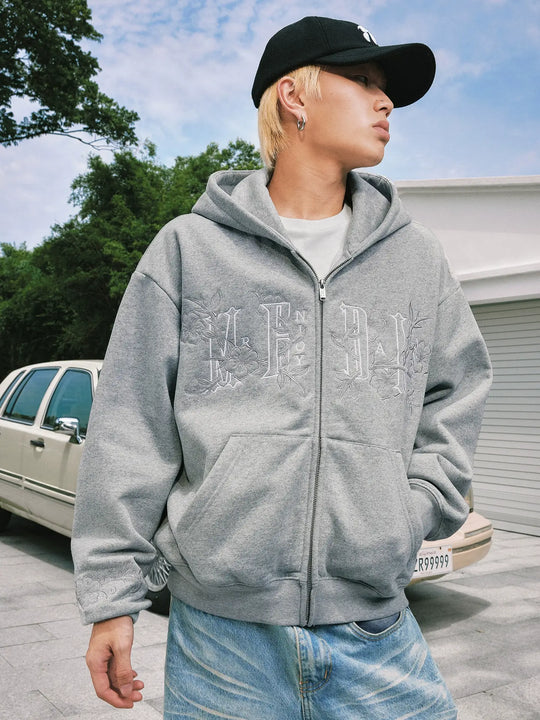 MEDM Flower Embroidered Zip Up Hoodie | Face 3 Face