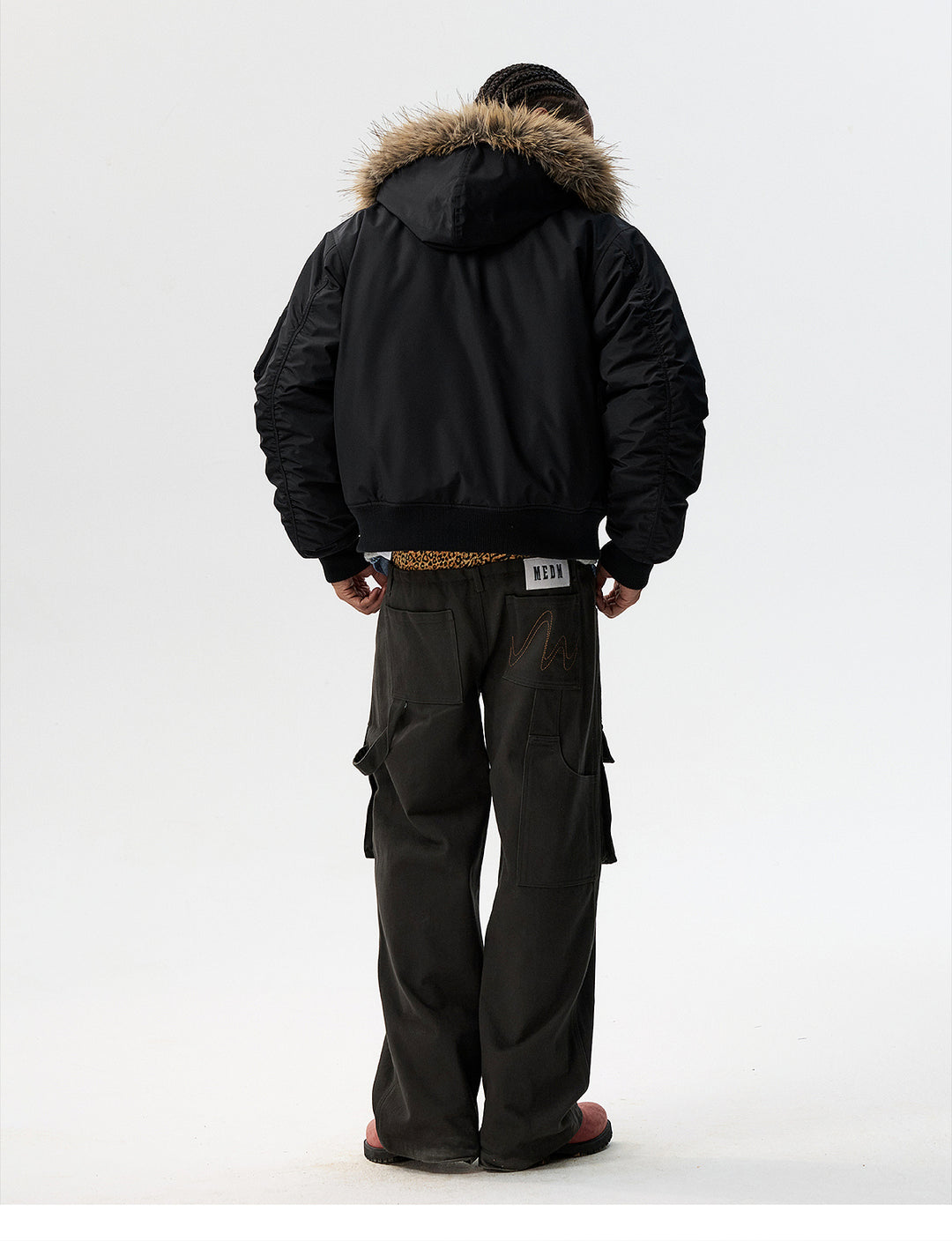 MEDM Animal Logo Patch Fur Hooded Bomber Jacket | Face 3 Face