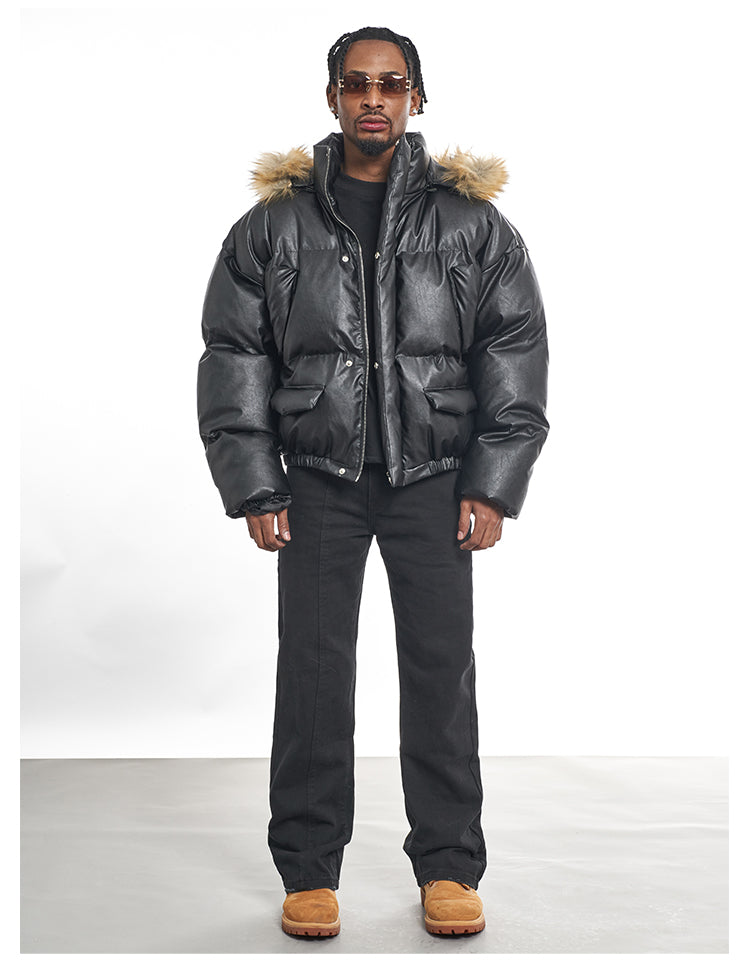 F3F Select Fur Hooded Removable PU Leather Puffer Jacket | Face 3 Face