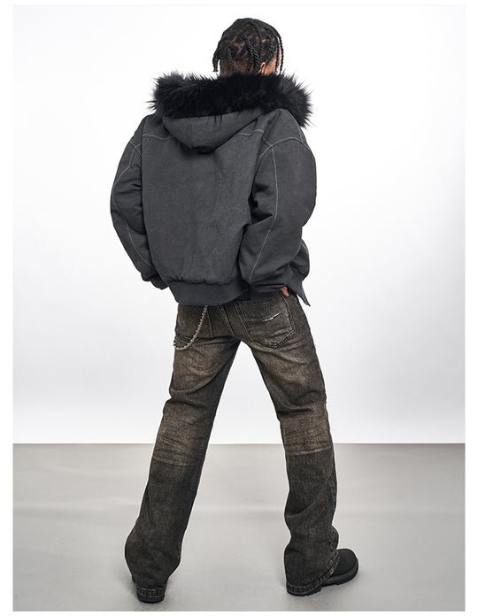 F3F Select Washed Deconstruction Fur Hooded Bomber Jacket | Face 3 Face