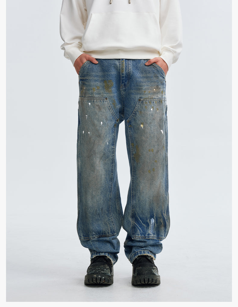 MEDM Dirty Washed and Painted Double Knee Jeans | Face 3 Face