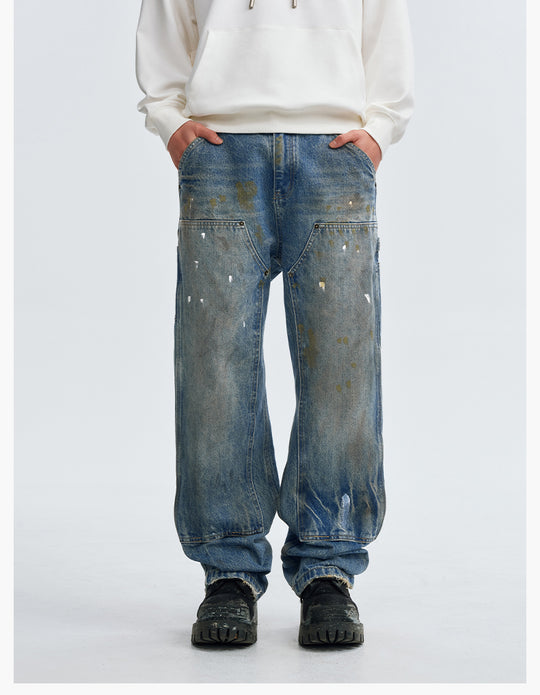 MEDM Dirty Washed and Painted Double Knee Jeans | Face 3 Face