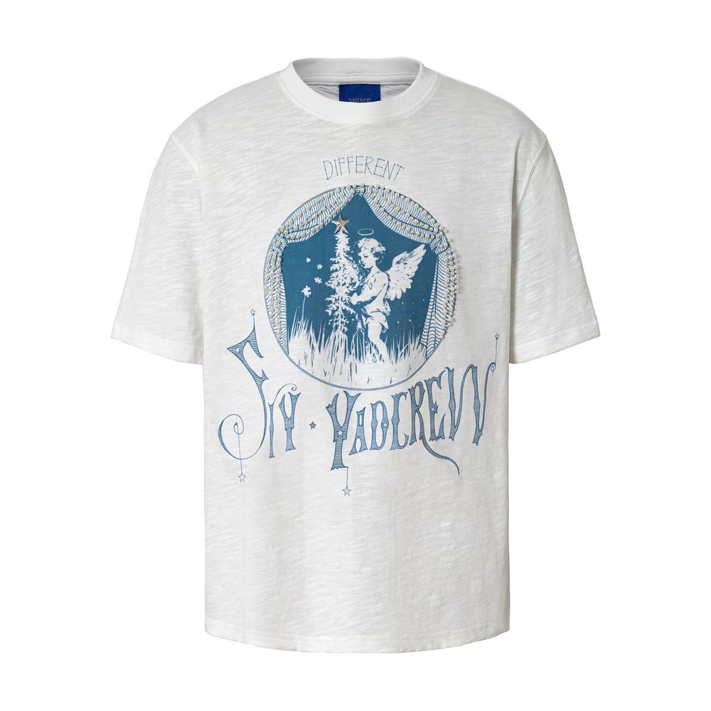 YADcrew Angel Print Star Studded Pearl Embellished Tee | Face 3 Face