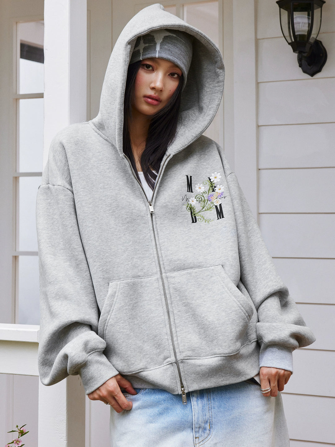 MEDM Floral Logo Embroidered Zip Up Hoodie | Face 3 Face
