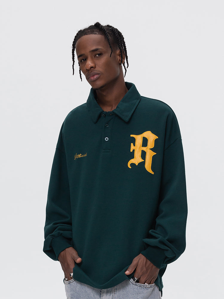 UNTILWERICH Patchwork Leather Embroidery Long Sleeve Polo | Face 3 Face