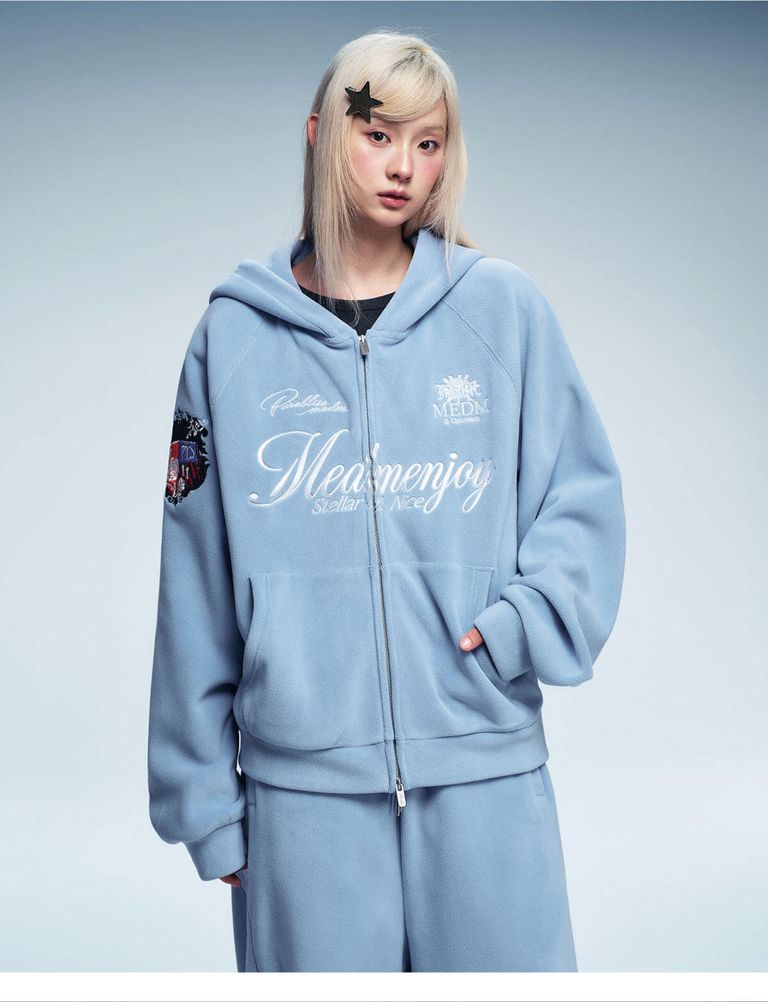 MEDM Rose Embroidered Patch Zip Up Fleece Hoodie | Face 3 Face