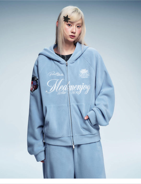MEDM Rose Embroidered Patch Zip Up Fleece Hoodie | Face 3 Face