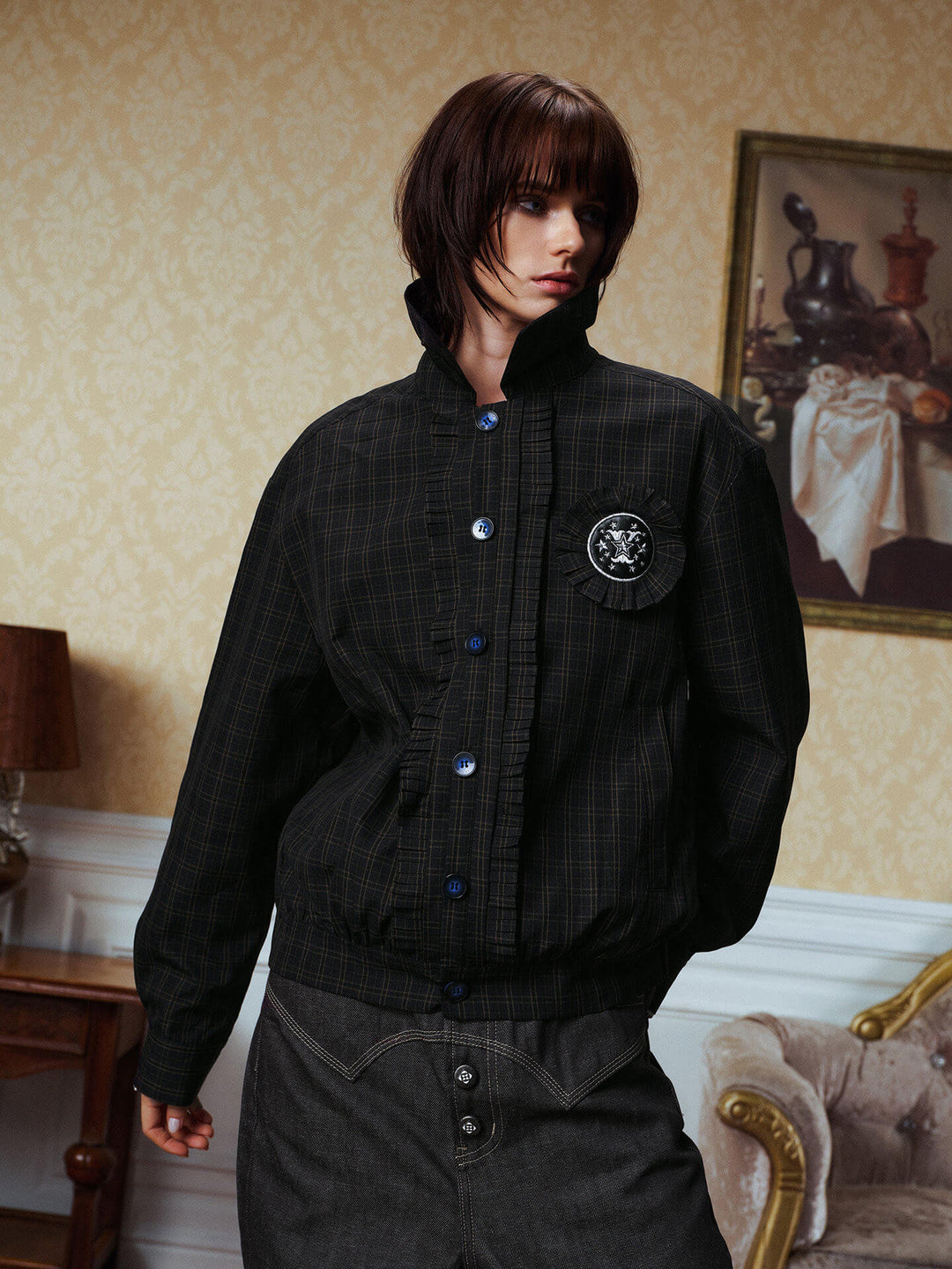 YADcrew Ruffle Front Placket Plaid Jacket | Face 3 Face