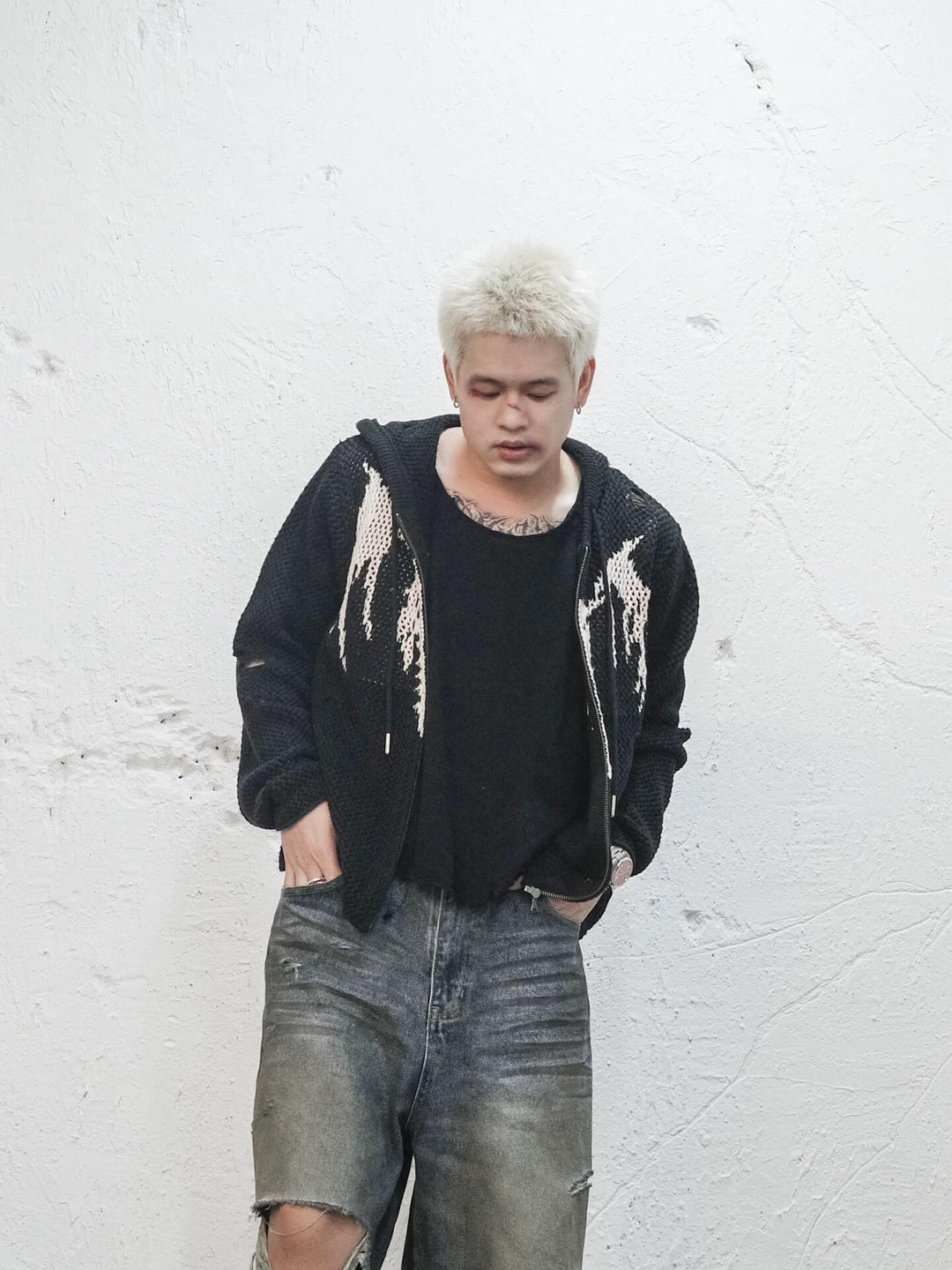 UNDERWATER Winged Devil Bone Jacquard Distressed Knit Zip Up Hoodie | Face 3 Face